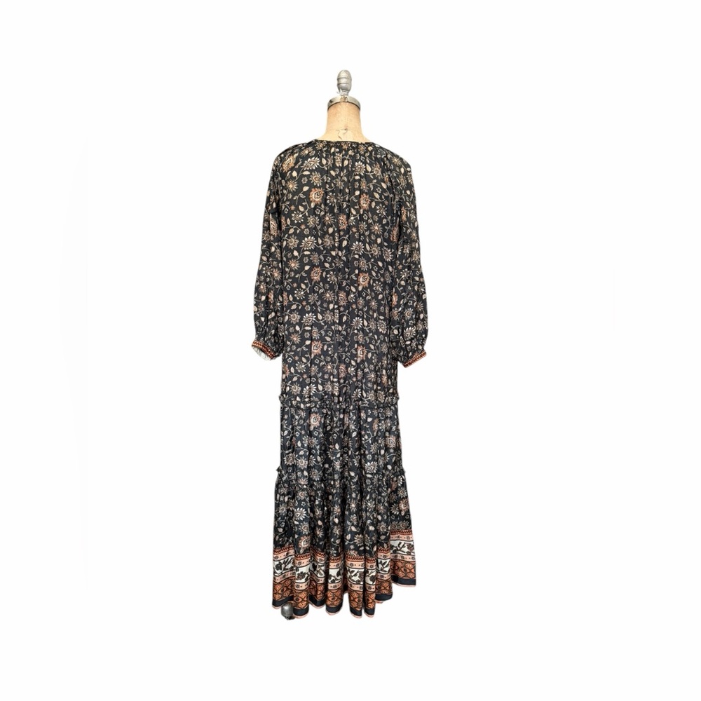 NATURAL LIFE Lula Boho Tiered Ruffled Black/Tan Floral 3/4 Sleeve Maxi Dress XS - Picture 3 of 7